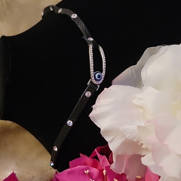 Leather Stripe Necklace/Collar White Chrystal Stud Hook Evil Eye Protection Bead - Picture 2 of 11